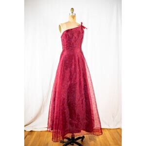 Vintage 90s Burgundy Red Organza Whimsygoth Prom Dress, One Shoulder Romantic LG